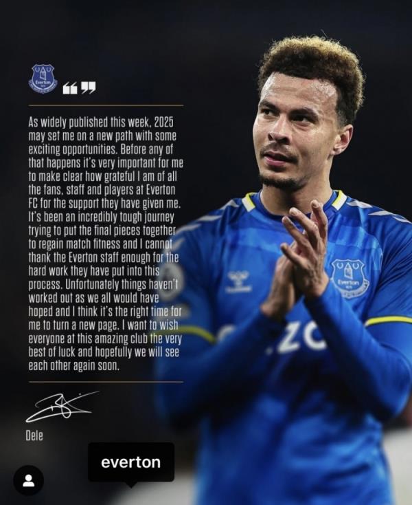 阿里告別埃弗頓：是時(shí)候開始新篇章了，感謝所有人對我的支持